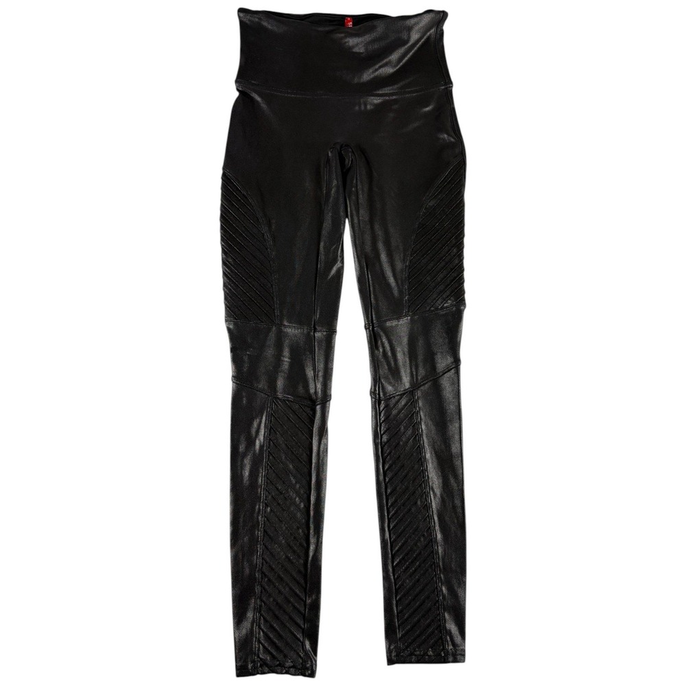 Spanx Faux Leather Moto Leggings Womens M Black High‎ Waist Slim Stretch Pull On